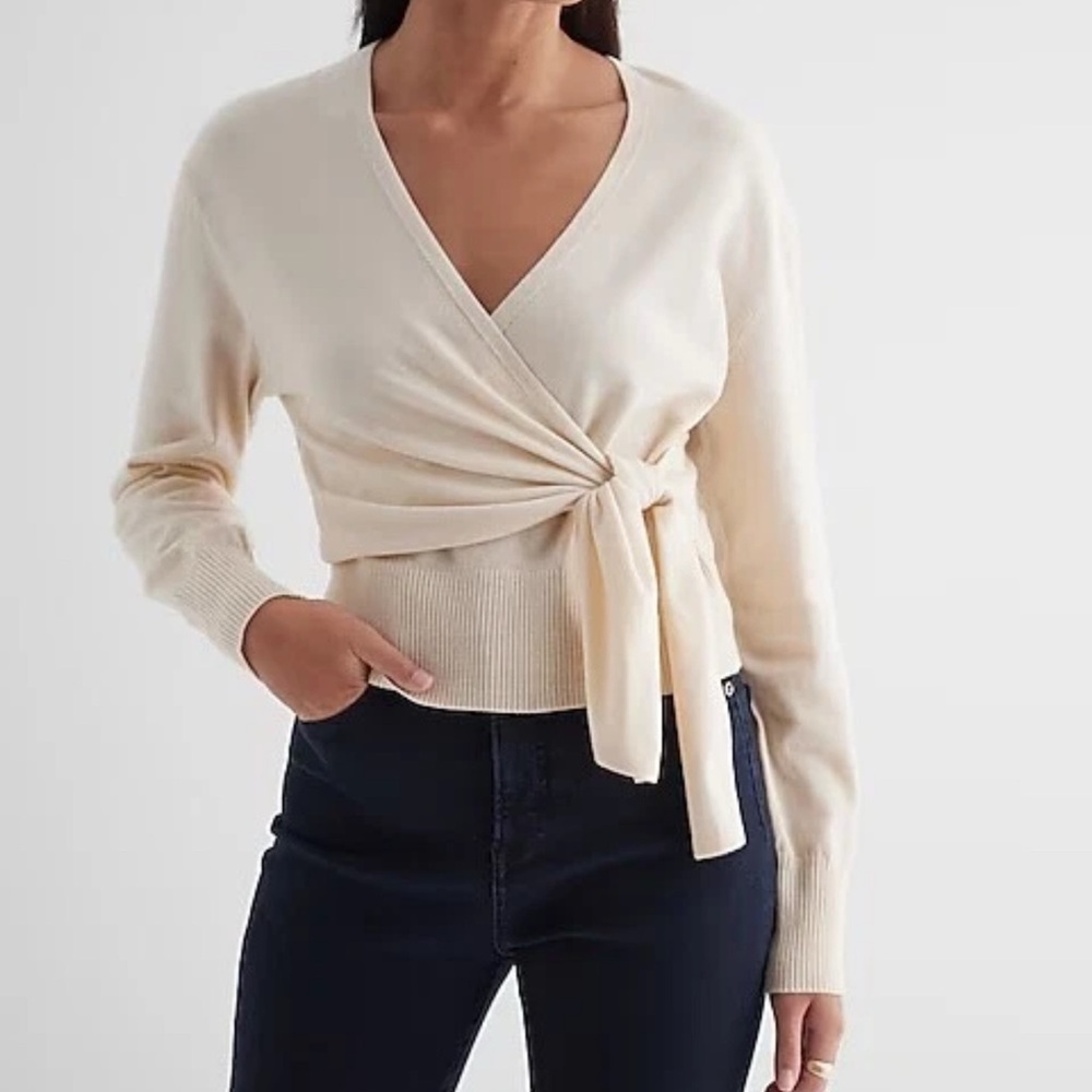 Express Long Sleeve Surplice Tie Waist Sweater Sandshell